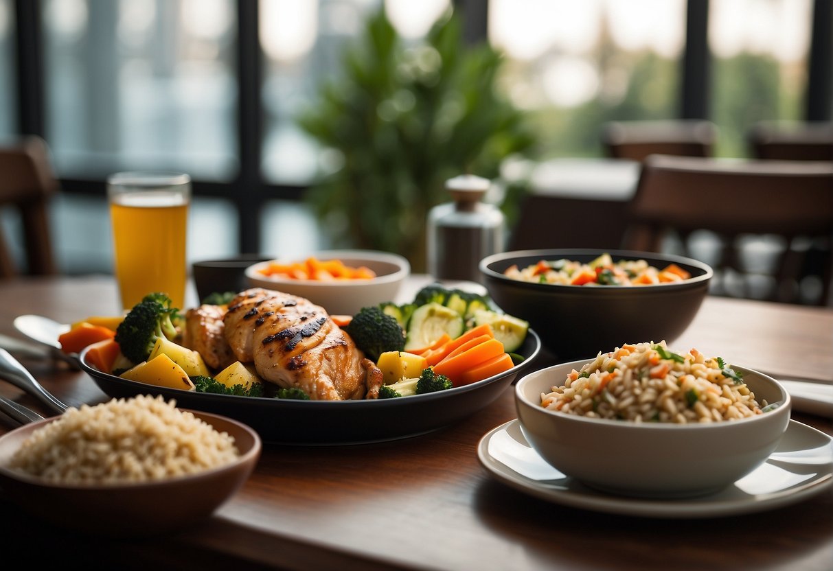 A table set with grilled chicken, steamed vegetables, and brown rice. Dumbbells and workout equipment in the background